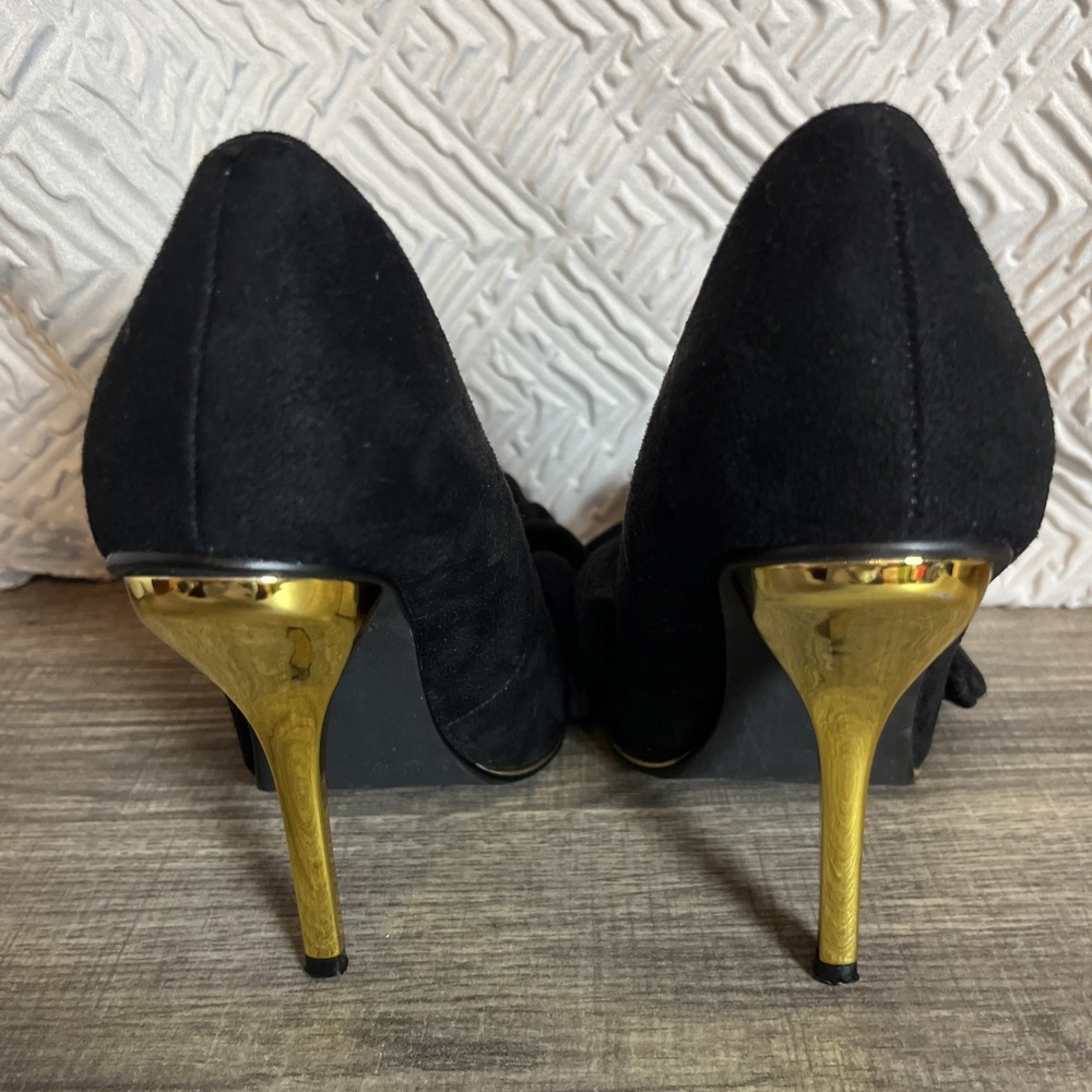 Privileged Valencia Faux Suede Heel Size 6.5 Black Gold Pointed Toe Bow Stiletto - Picture 3 of 11